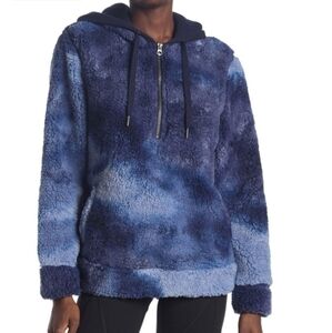 Te Verde Printed Faux Sherling Quarter Zip Blue Hoodie Woman's Size Small